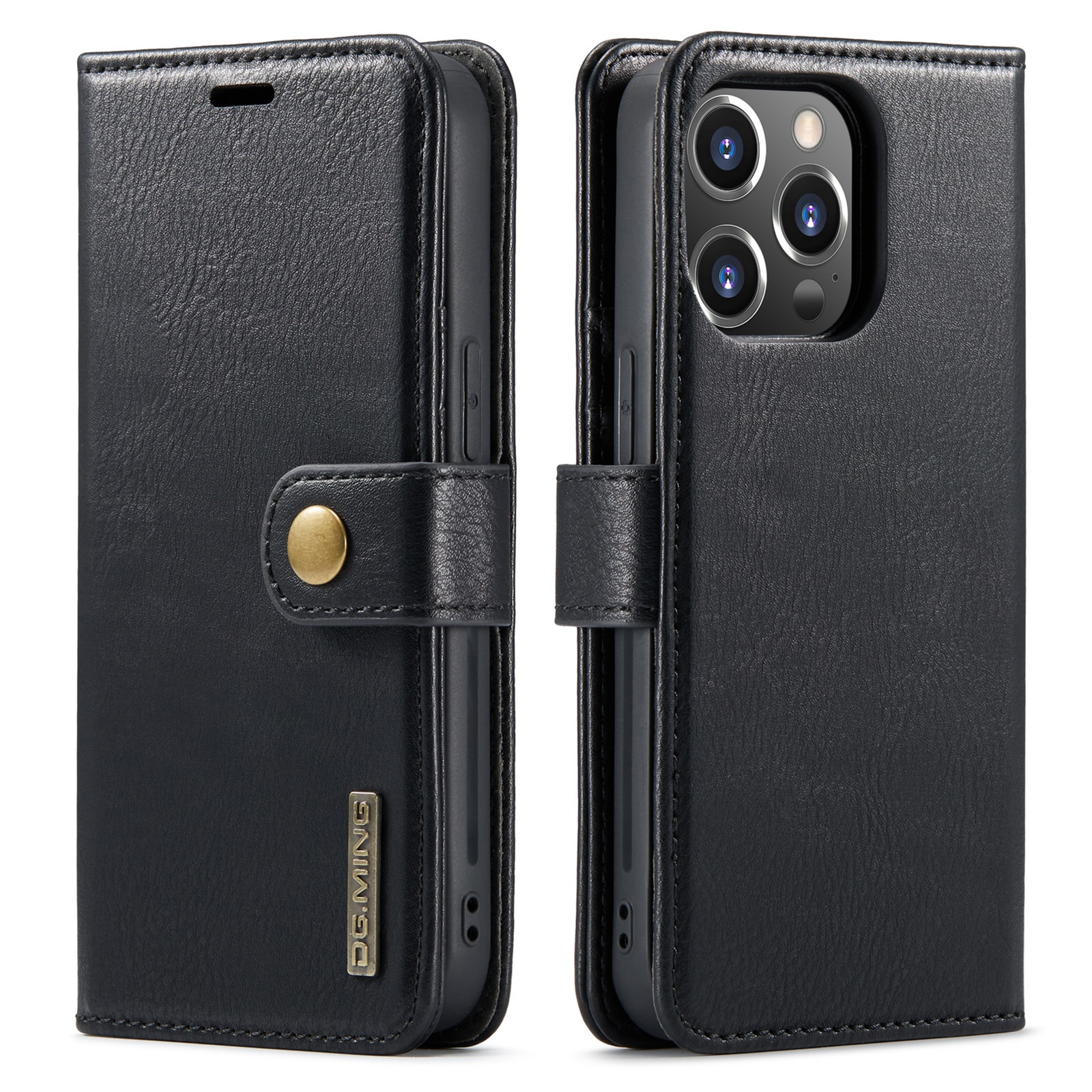 Husa pentru iPhone 14 Pro, CaseMe, piele, 2 in 1, protectie superioara, inchidere cu capsa magnetica, tip portofel, back cover, stand, Negru