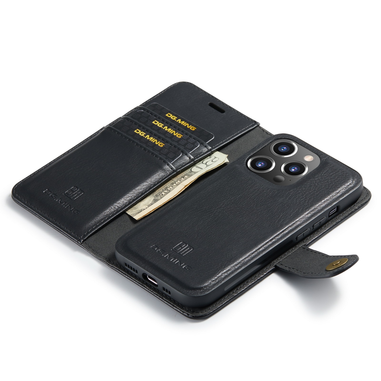 Husa pentru iPhone 14 Pro, CaseMe, piele, 2 in 1, protectie superioara, inchidere cu capsa magnetica, tip portofel, back cover, stand, Negru