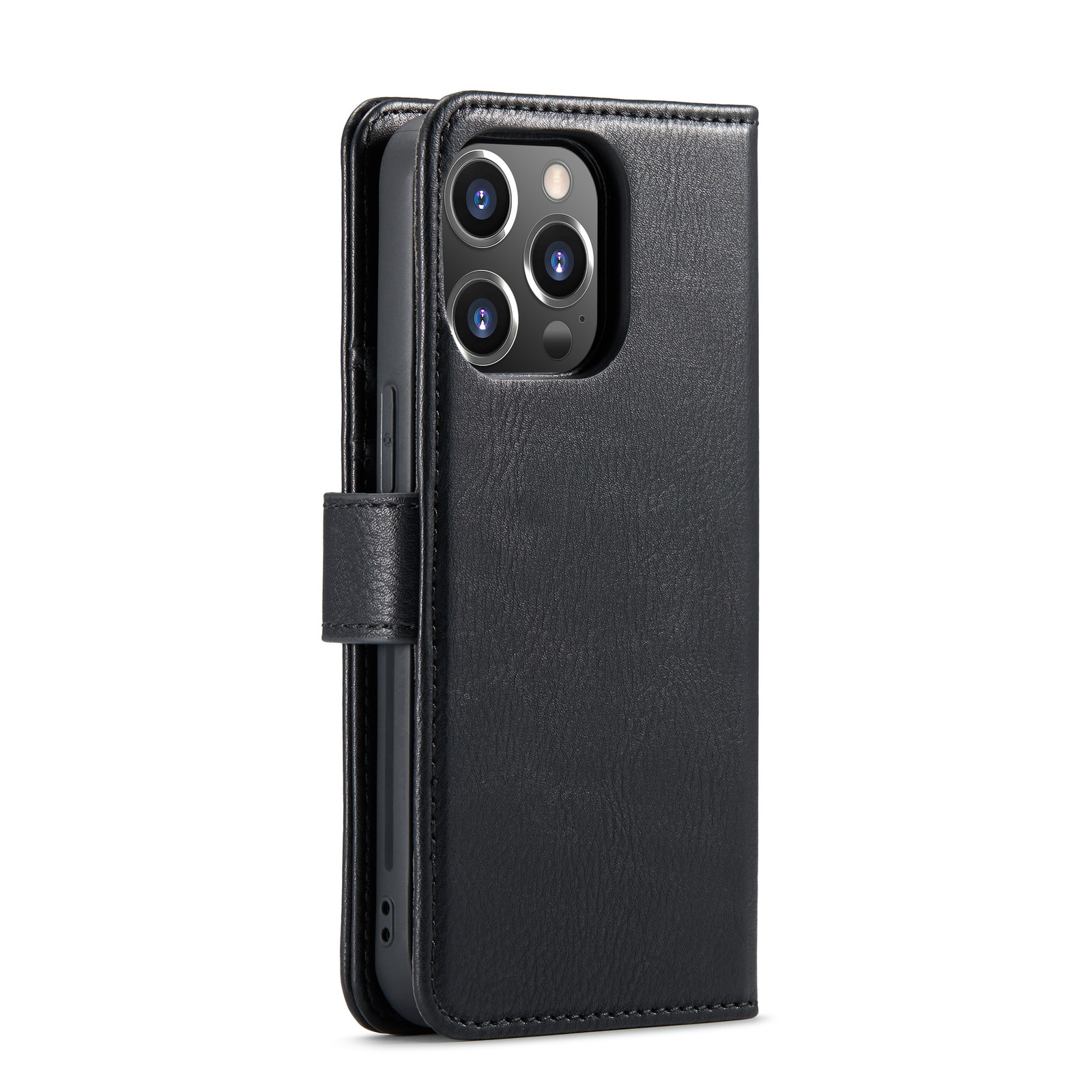 Husa pentru iPhone 14 Pro, CaseMe, piele, 2 in 1, protectie superioara, inchidere cu capsa magnetica, tip portofel, back cover, stand, Negru
