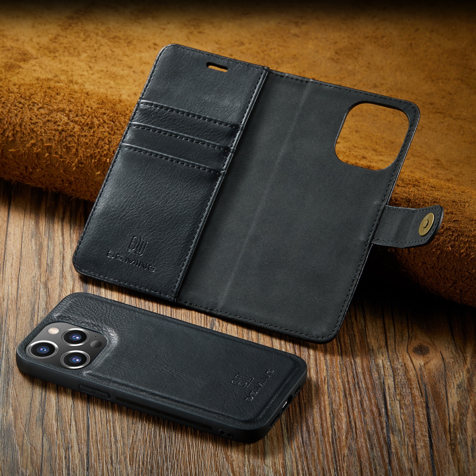 Husa pentru iPhone 14 Pro, CaseMe, piele, 2 in 1, protectie superioara, inchidere cu capsa magnetica, tip portofel, back cover, stand, Negru