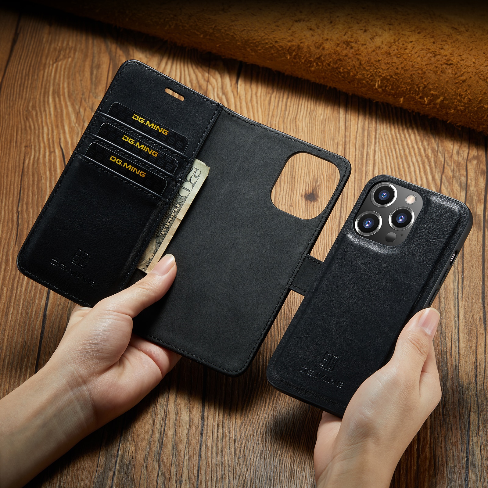 Husa pentru iPhone 14 Pro, CaseMe, piele, 2 in 1, protectie superioara, inchidere cu capsa magnetica, tip portofel, back cover, stand, Negru