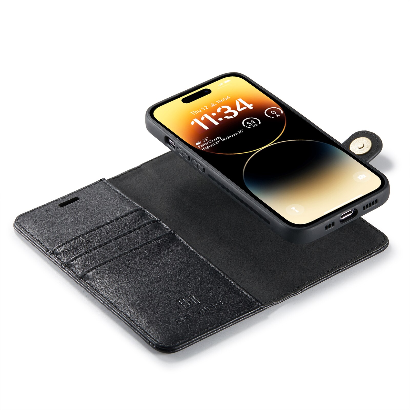 Husa pentru iPhone 14 Pro, CaseMe, piele, 2 in 1, protectie superioara, inchidere cu capsa magnetica, tip portofel, back cover, stand, Negru