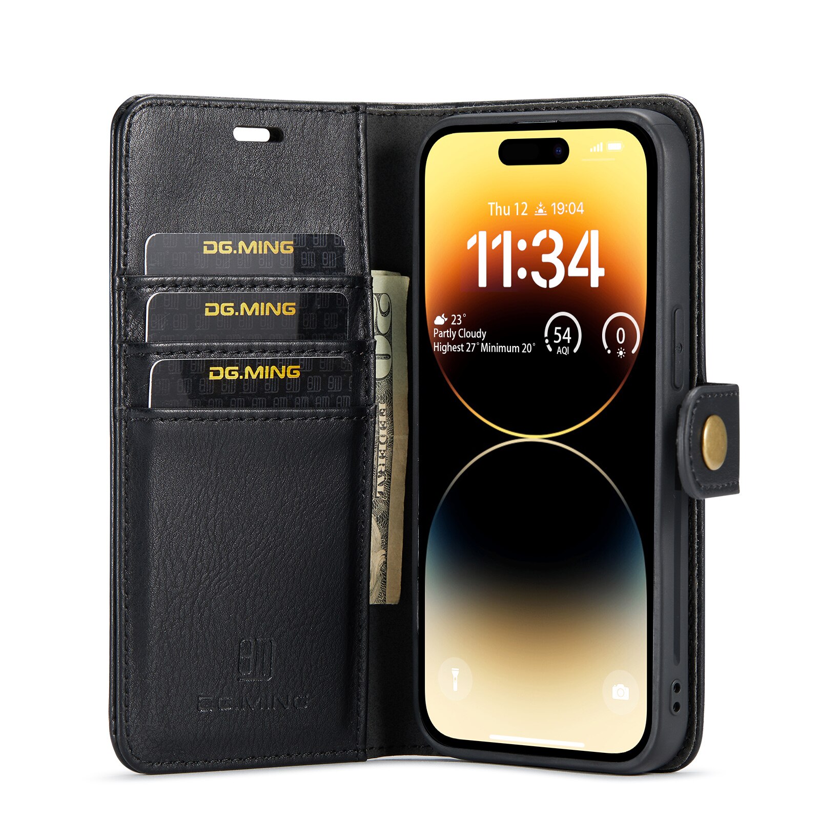Husa pentru iPhone 14 Pro, CaseMe, piele, 2 in 1, protectie superioara, inchidere cu capsa magnetica, tip portofel, back cover, stand, Negru
