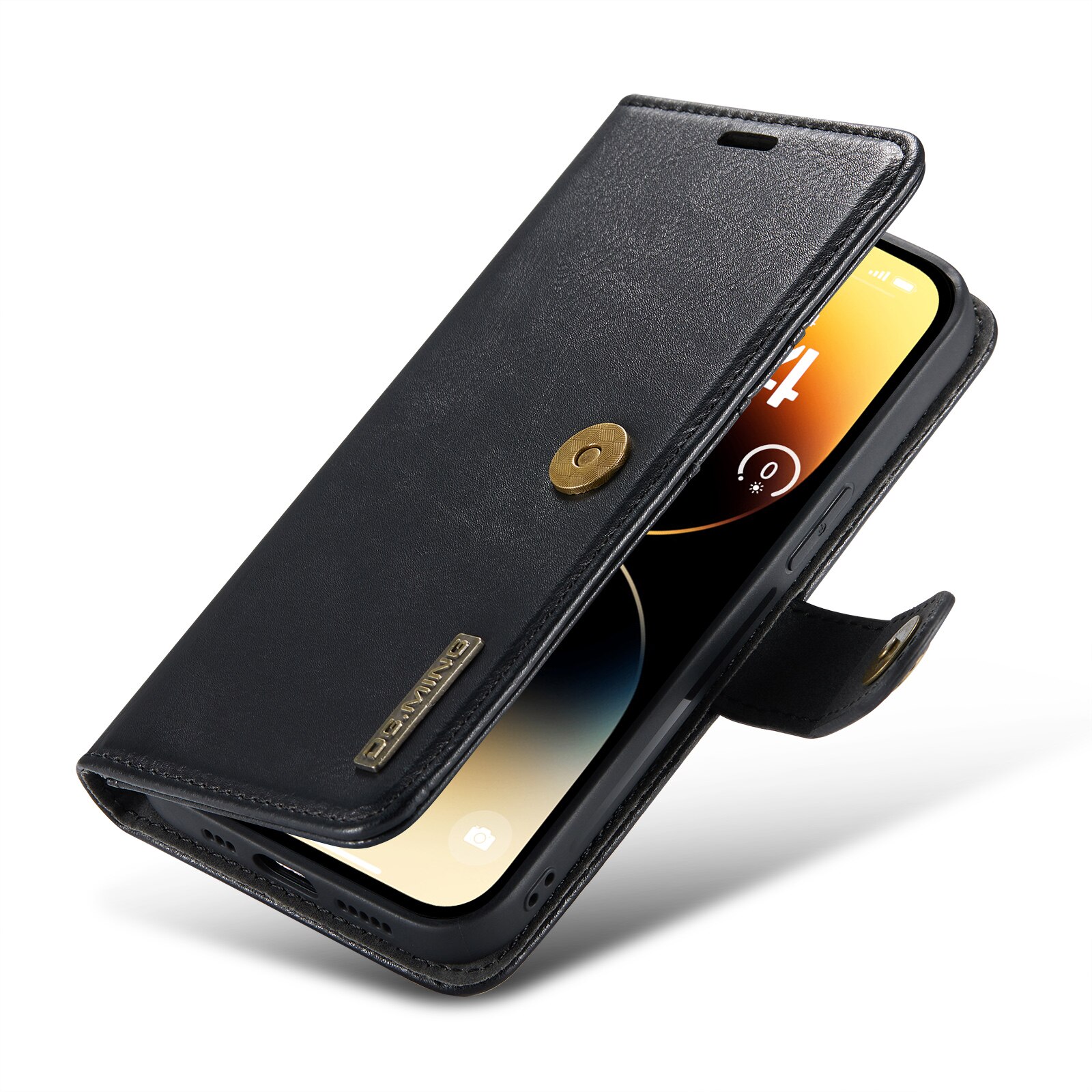 Husa pentru iPhone 14 Pro, CaseMe, piele, 2 in 1, protectie superioara, inchidere cu capsa magnetica, tip portofel, back cover, stand, Negru