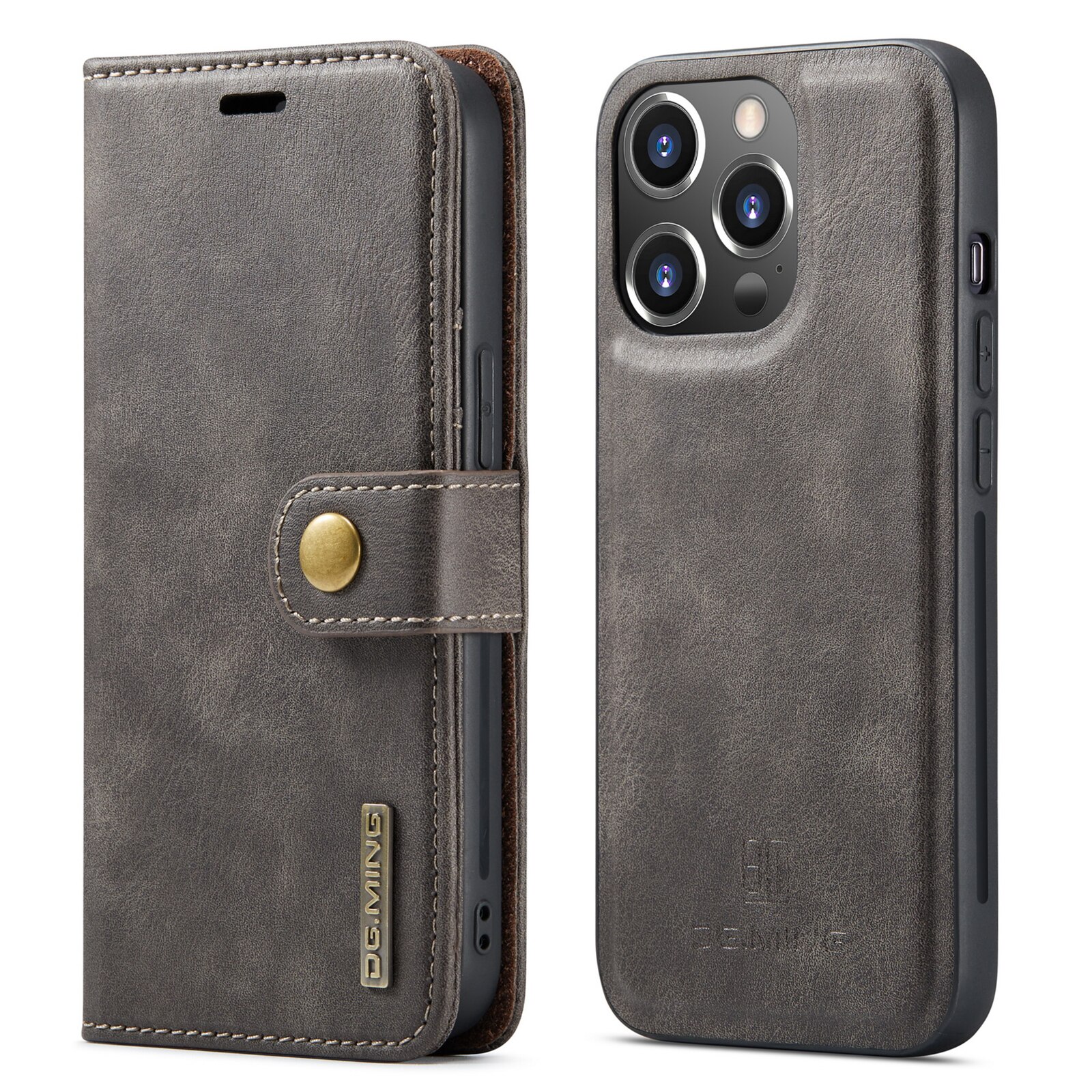 Husa pentru iPhone 14 Pro, CaseMe, piele, 2 in 1, protectie superioara, inchidere cu capsa magnetica, tip portofel, back cover, stand, Negru
