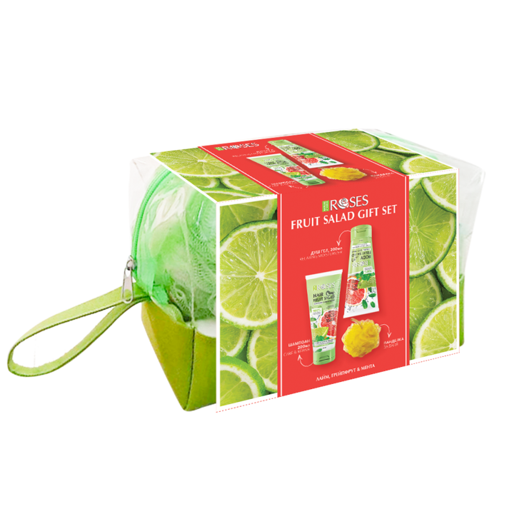 Подаръчен комплект Nature of Agiva Roses, Fruit Salad, Лайм, Възстановяващ шампоан 200 мл, Маска за Коса 200 мл, Панделка за баня, Несесер