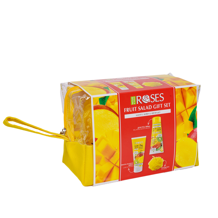 Подаръчен комплект Nature of Agiva Roses, Fruit Salad, Манго, Хидратиращ душ гел 200 мл, Възстановяваща маска 200 мл, Панделка за баня, Несесер