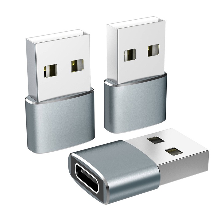 Комплект от 3 адаптера, Atolla, USB C към USB, Зареждане/Трансфер на данни 480 Mbps, Сив