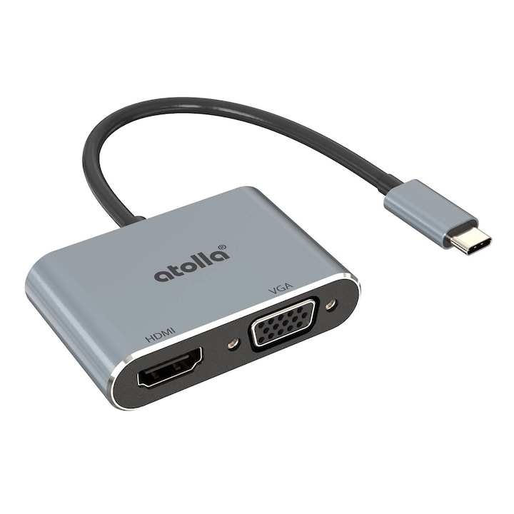 Adaptor, Atolla, USB-C/HDMI/VGA, 12 cm, Argintiu
