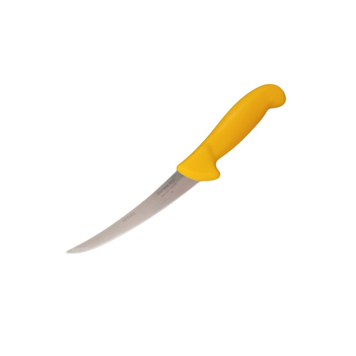 Cutit de macelarie universal cu lama semiflexibila curbata de 15 cm din otel german, maner plastic anti alunecare Galben, pentru dezosat si fasonat, Sdx Market®