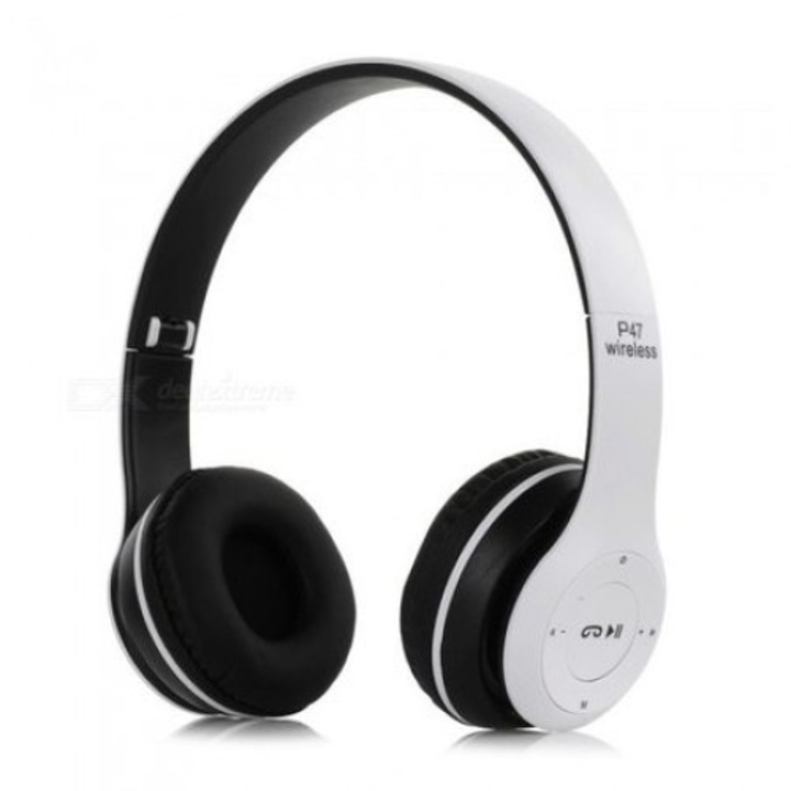 Planet Tech P47 vezeték nélküli bluetooth fejhallgató, Sztereó, FM rádió, MP3 lejátszó, Beépített mikrofon, Micro SD bemenet, Fehér