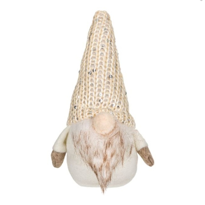 Figurina decorativa de Craciun, Mos Craciun gnome crem, palarie paiete, 9 x 6 x 15 cm