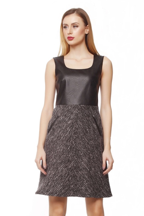 Rochie KVINNA stofa si piele ecologica, croiala in "A", Alb/Negru