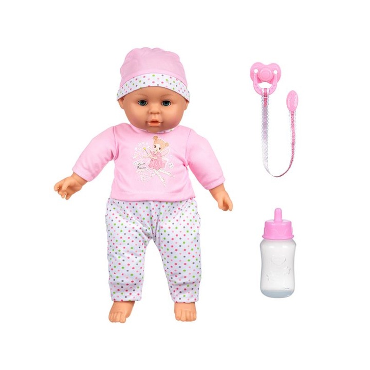 Кукла, Биберон, Шише, Звук, Пластмаса, 38 см, 3+ години, Розов