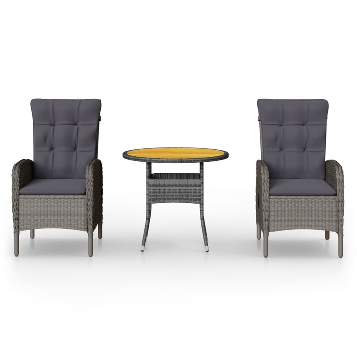 Комплект градински мебели Zakito Europe, ратан, маса 80x75см, 2 стола с възглавници, сив