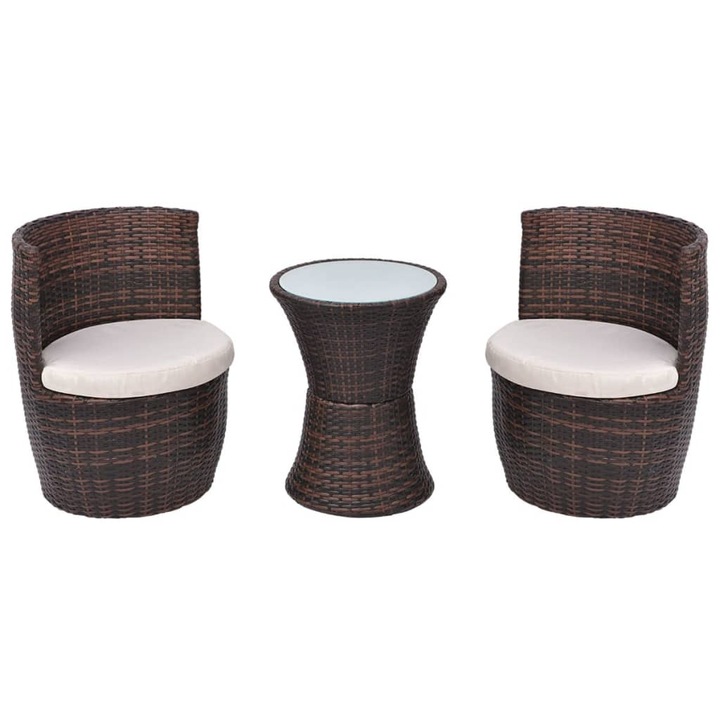 Set mobilier bistro cu perne vidaXL, 3 piese, maro, poliratan, 11.99 kg