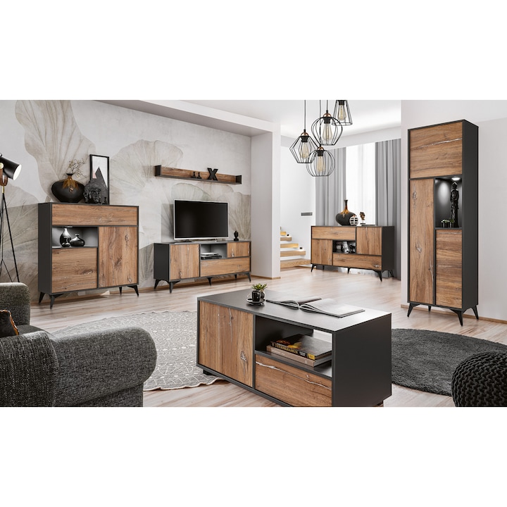 Set Mobila Living Venice, Extreme Furniture, PAL melaminat, LED, Antracit/brun