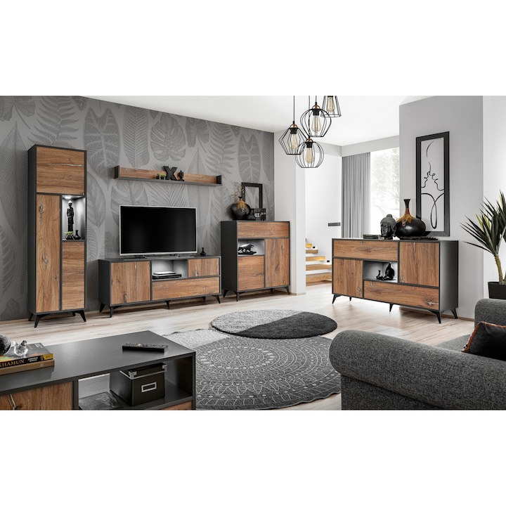 Set Mobila Living Venice, Extreme Furniture, PAL melaminat, LED, Antracit/brun