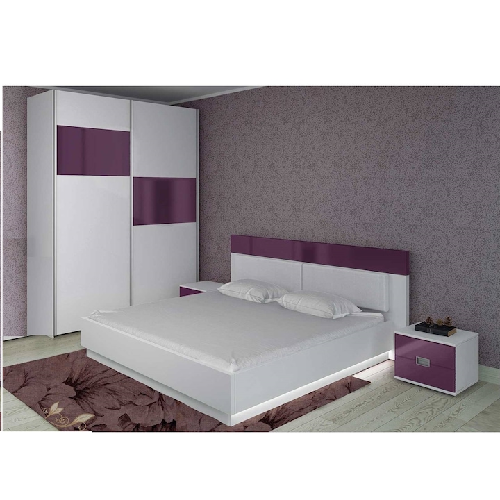 Комплект мебели за спалня Interius, Alma, Легло 160х200см, Гардероб, 2 шкафчета, Бял/Гланц Бордо