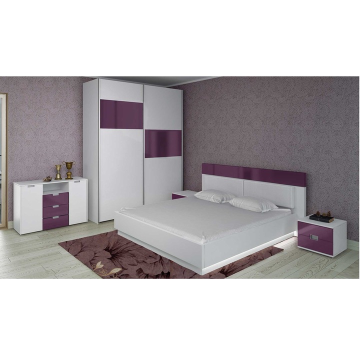Комплект мебели за спалня Interius, Alma, Легло 160х200см, Гардероб, 2 шкафчета, Скрин, Бял/Гланц Бордо
