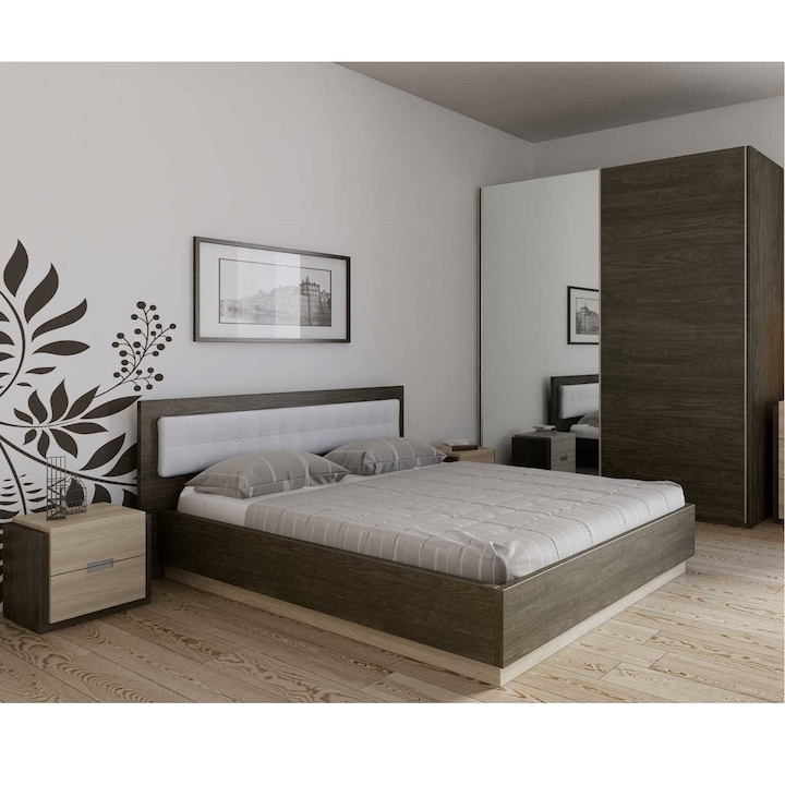Комплект мебели за спалня Interius, Berta, Легло 160х200см, Гардероб, 2 шкафчета, Carbon Marine Wood/Дъб Canone