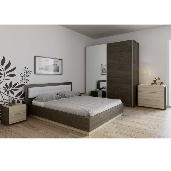 Комплект мебели за спалня Interius, Berta, Легло 160х200см, Гардероб, 2 шкафчета, Скрин, Carbon Marine Wood/Дъб Canone