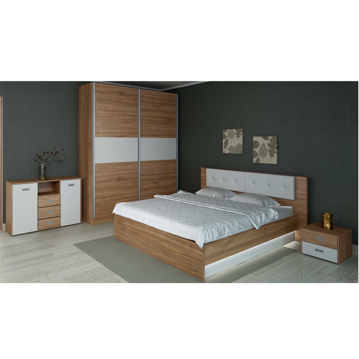 Комплект мебели за спалня Interius, Malaga, Легло 160х200см, Гардероб, 2 шкафчета, Скрин, Бял/K008 Kronospan