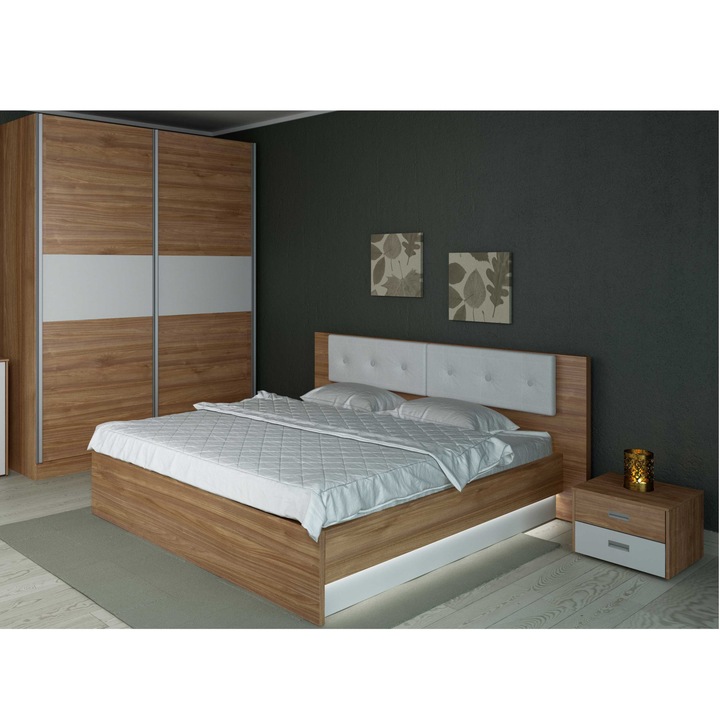 Комплект мебели за спалня Interius, Malaga, Легло 160х200см, Гардероб, 2 шкафчета, Бял/K008 Kronospan