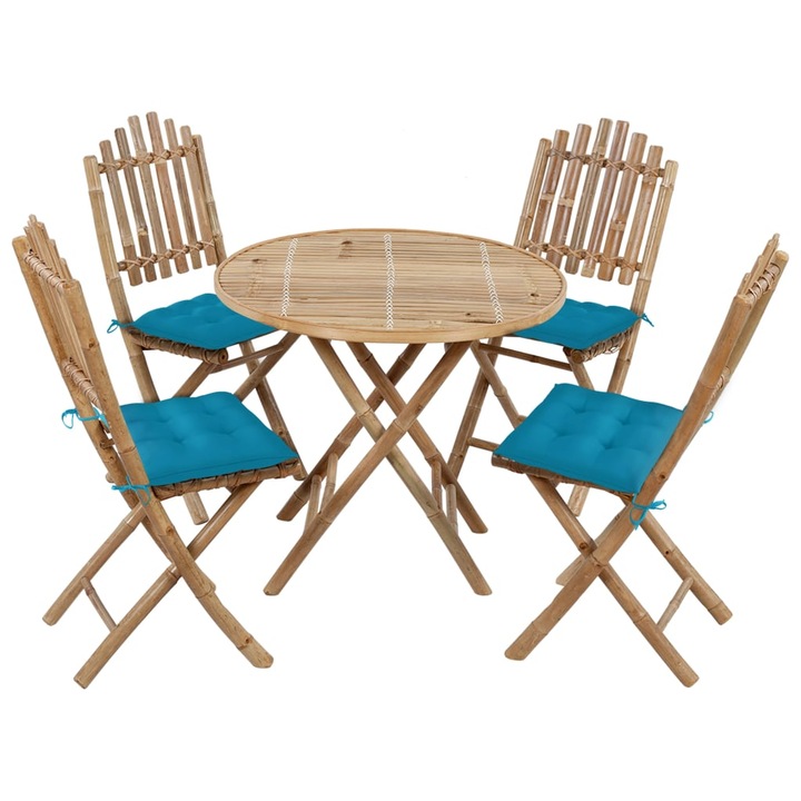 Set mobilier de exterior pliabil vidaXL, cu perne, 5 piese, bambus, 3063979