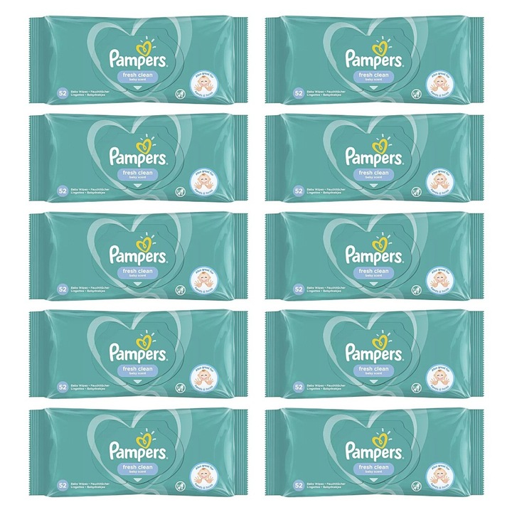 Опаковка от 10 мокри кърпички Pampers Fresh Clean, 52 бр