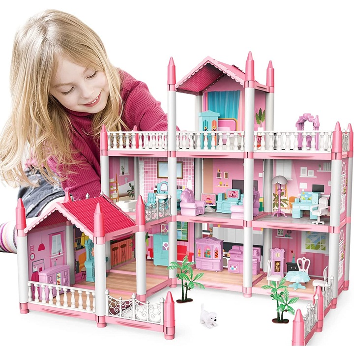 Casuta pentru Papusi DreamVilla KinderVibe™, cu 3 Etaje, 9 Camere, 2 Terase, Catel, Palmieri, Accesorii Mobilier Incluse si Detasabile, 48 CM Inaltime, Pink