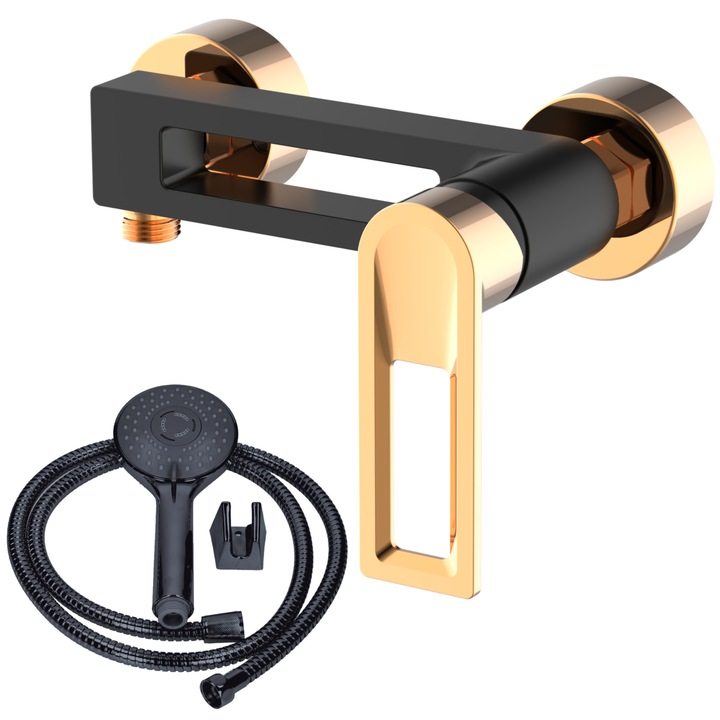 Robinet de dus de perete, SOTBE, LOFT SVART GOLD, BLACK GOLD, materiale durabile, rezistente la rugina, cap ceramic, alama, consum redus de apa