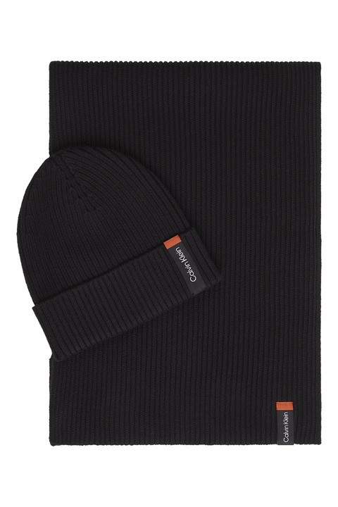 CALVIN KLEIN, Set de fular din amestec de bumbac organic si caciula elastica, Negru