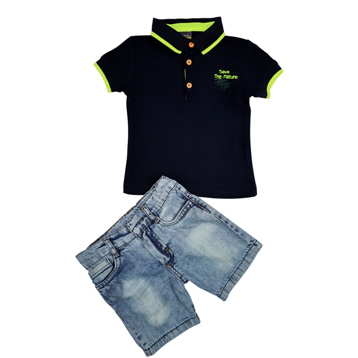 Compleu Baieti "Save The Nature" 2 Piese Tricou Polo Si Pantaloni Scurti Denim 100% Bumbac, Bleumarin
