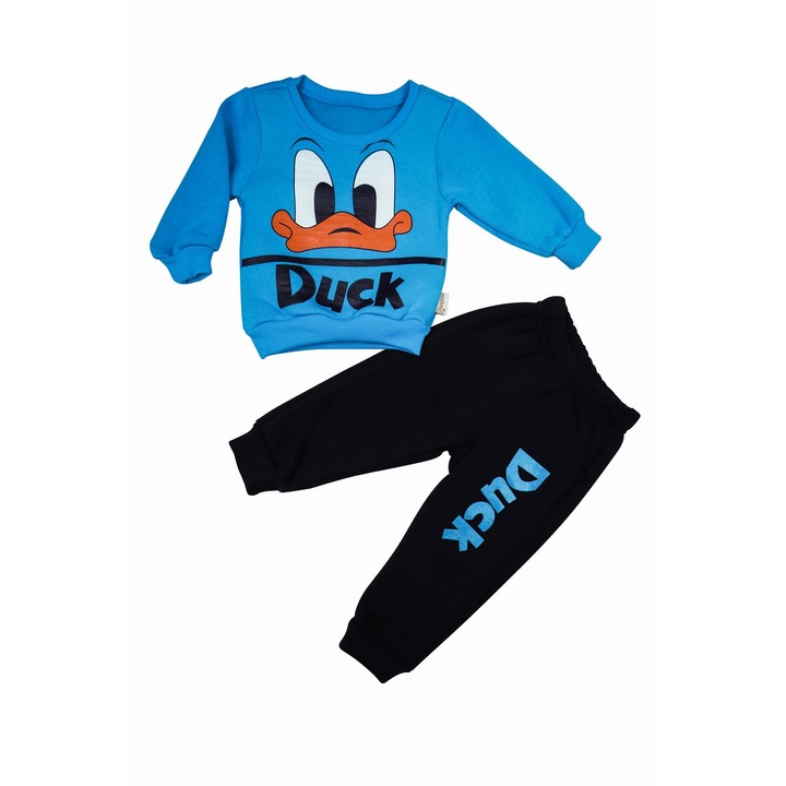 Compleu Vatuit "Duck" Bluza Maneca Lunga Si Pantaloni Lungi 100% Bumbac, Albastru