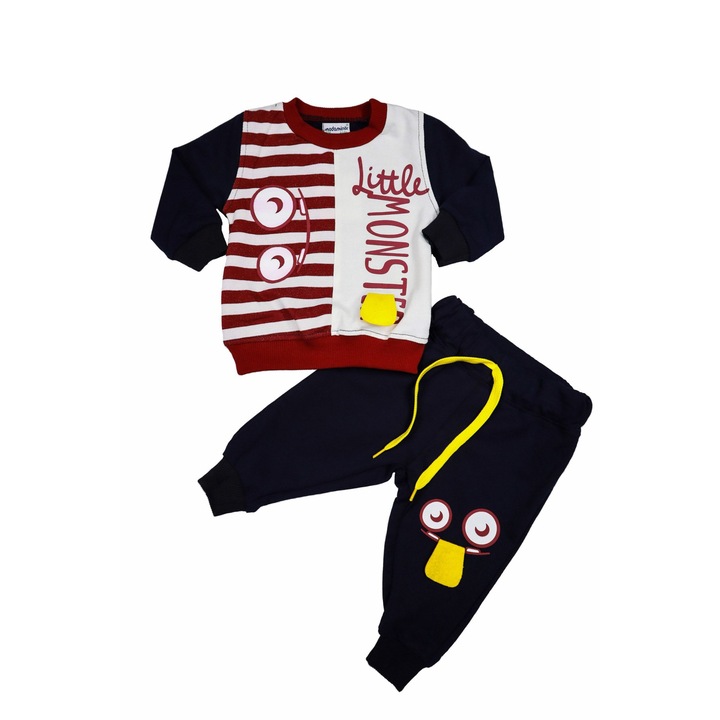 Compleu "Little Monster" Bluza Maneca Lunga Si Pantaloni Lungi 100% Bumbac, Rosu inchis