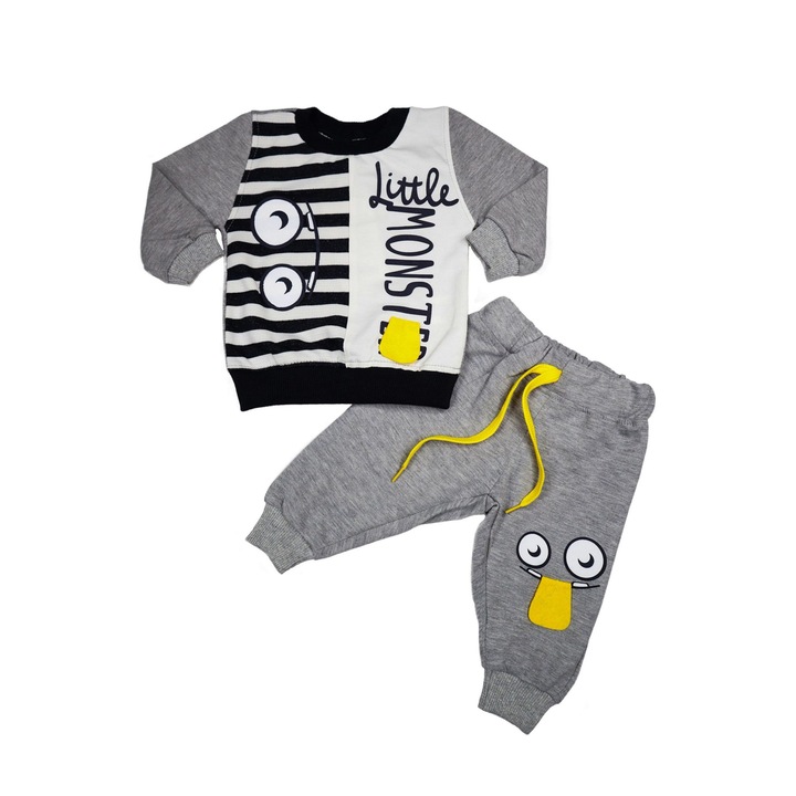 Compleu "Little Monster" Bluza Maneca Lunga Si Pantaloni Lungi 100% Bumbac, Gri