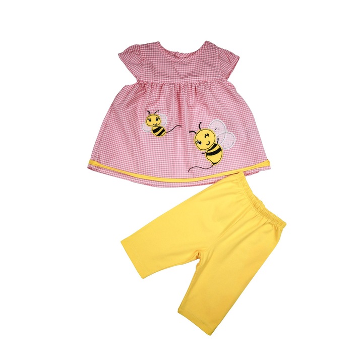 Set Fetite "Little Bee" 2 Piese Rochita Si Colanti 100% Bumbac Roz/Galben, Roz