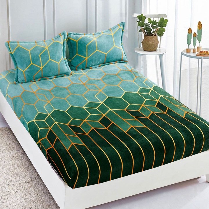 Комплект чаршаф Cocolino за двойно легло и 2 калъфки за възглавници, HC-8, изумрудено зелено, 232x250 см