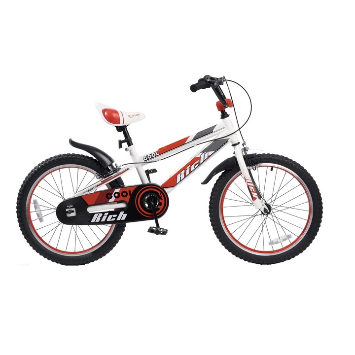 Bicicleta MTB pentru copii cu roti de 20 inch, frane C-brake, alb/rosu, Rich Baby Cool Vip Genius Bike cu roti duble pentru varsta 7/10 ani