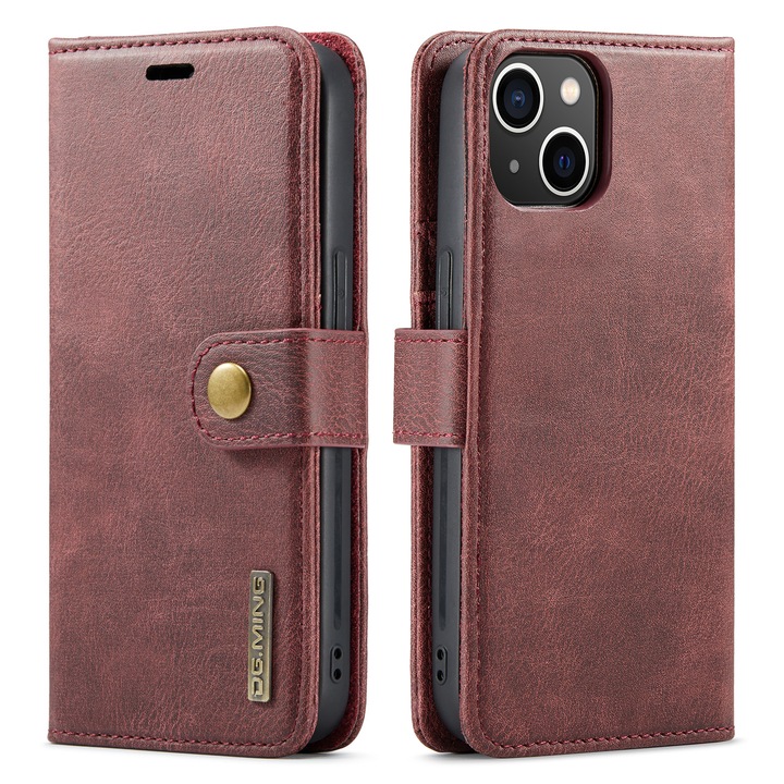 Калъф за iPhone 14 Plus, CaseMe, кожен, 2 в 1, превъзходна защита, магнитно закопчаване, тип портфейл, back cover, стойка, червен