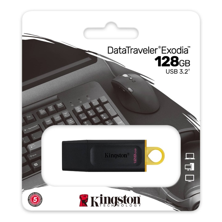 Kingston Data Traveler Exodia USB 3.2 memóriakártya, 128 GB, fedéllel és kulcstartóval, fekete