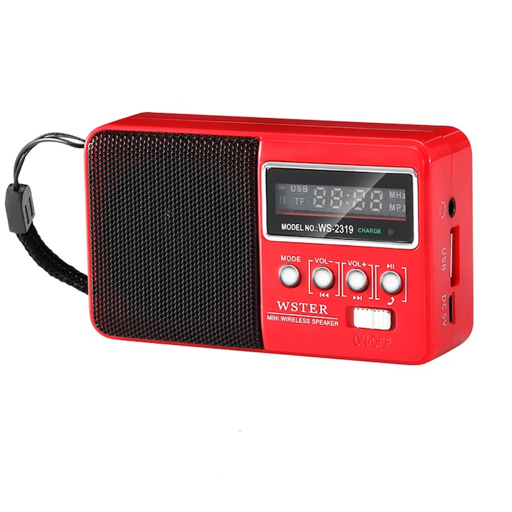 Hordozható FM rádió, Bluetooth, USB, Micro SD, beépített akkumulátorral piros színű