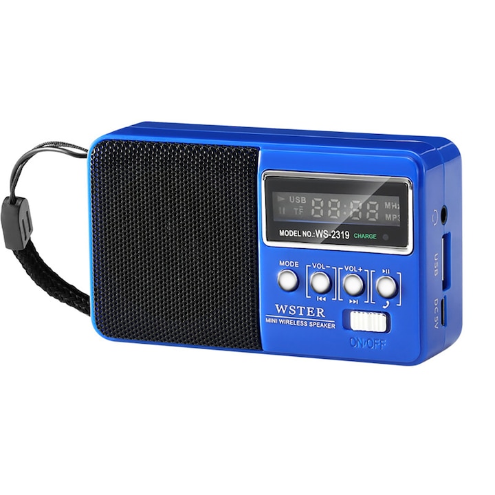 Hordozható FM rádió, Bluetooth, USB, Micro SD, beépített akkumulátorral kék színű
