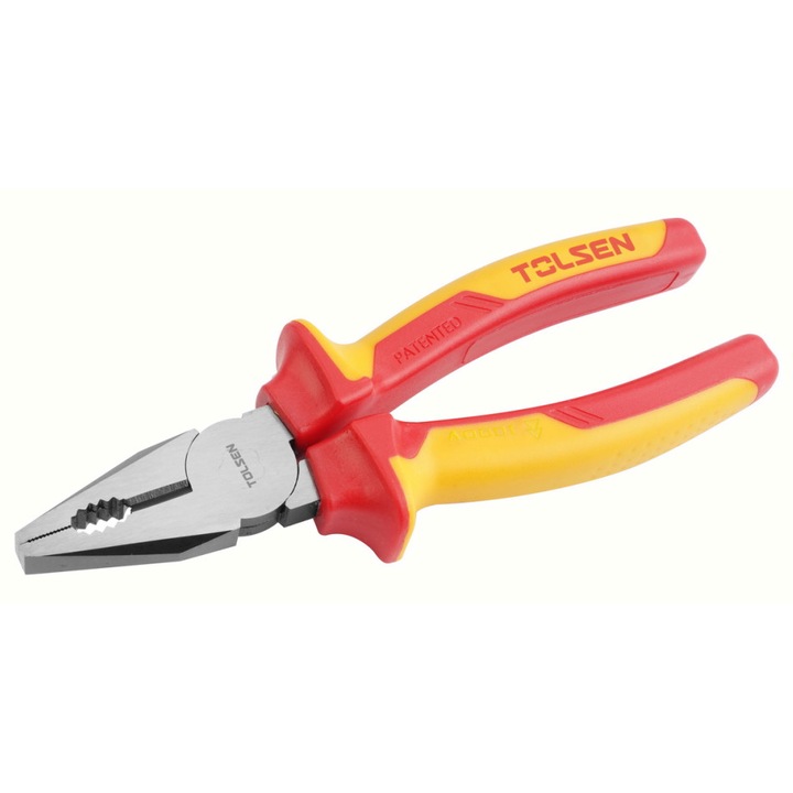 Cleste combinat izolat TOLSEN VDEline Premium, 200mm, Cr-V, 1000V, Certificat VDE/GS, Conform EN60900, Maner ergonomic 2 componente antialunecare, Finisaj negru lustruit Crome vanadium Galben, Cleste profesionala certificata VDE, Cleste profesionala