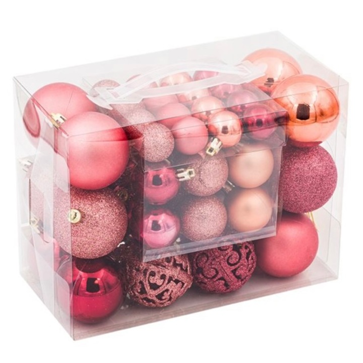Set 50 globuri pentru bradul de Craciun, roz, 3 marimi diferite