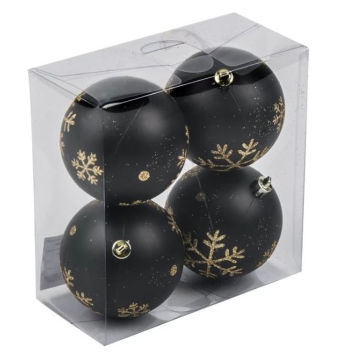 Set 4 globuri pentru bradul de Craciun, negru/auriu, 8 cm