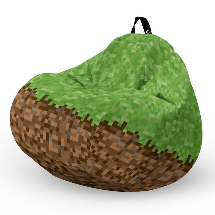 Пуф Updeco Bean Bag, Тип круша L, Водоустойчив калъф, За закрито и открито, с вътрешна предпазна чанта, С дръжка, 80 x 80 x 55 см, Майнкрафт трева земя