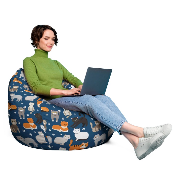Fotoliu Updeco Puf Bean Bag tip Para XL, impermeabil, indoor/outdoor, sac interior, cu maner, 90 x 90 x 60 cm, pisici fundal albastru
