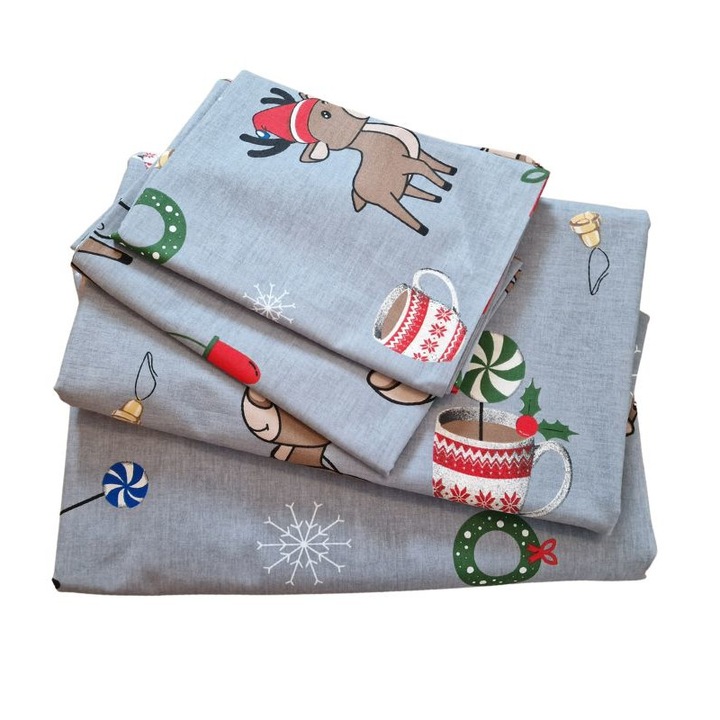 Lenjerie de pat pentru 2 persoane, 4 piese, Reni Craciun Design by ARIALE, bumbac ranforce, Multicolor